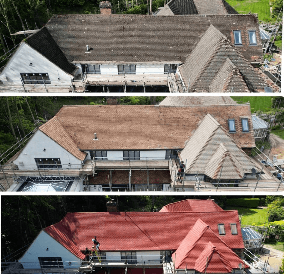 Aerial before, during, and after aerial view of a full roof cleaning transformation — from dark mossy tiles to fully restored vibrant red tiles