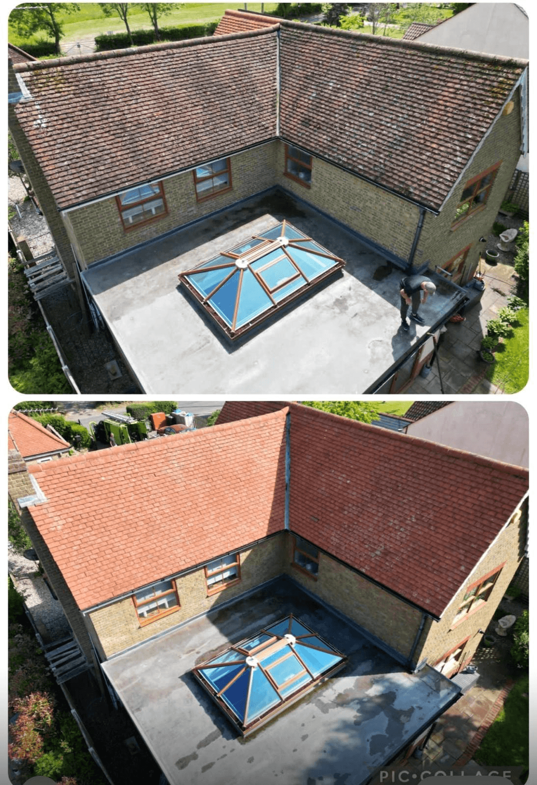 Stone property with skylight before and after professional roof cleaning — terracotta tiles fully restored