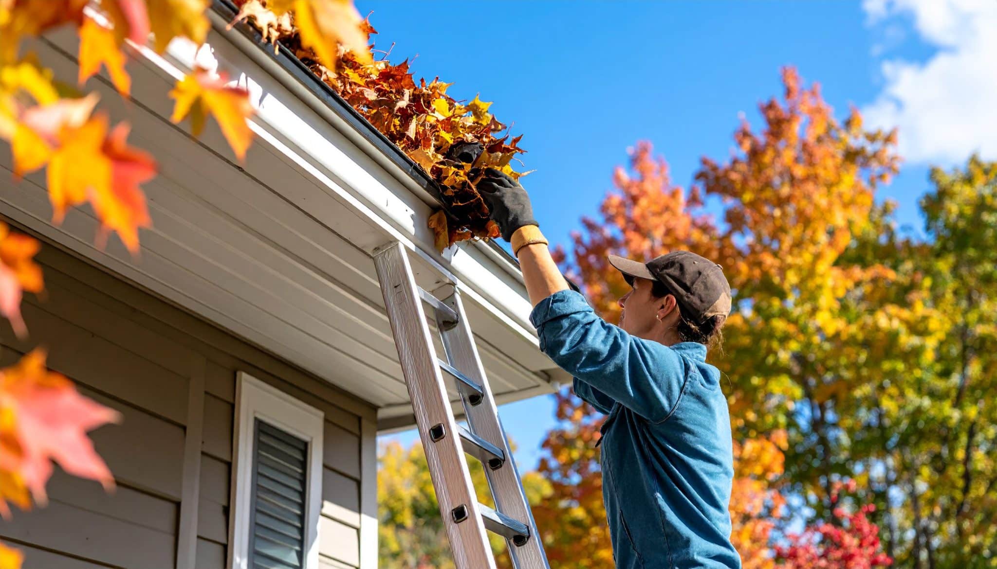 Gutters being cleared of leaves and debris